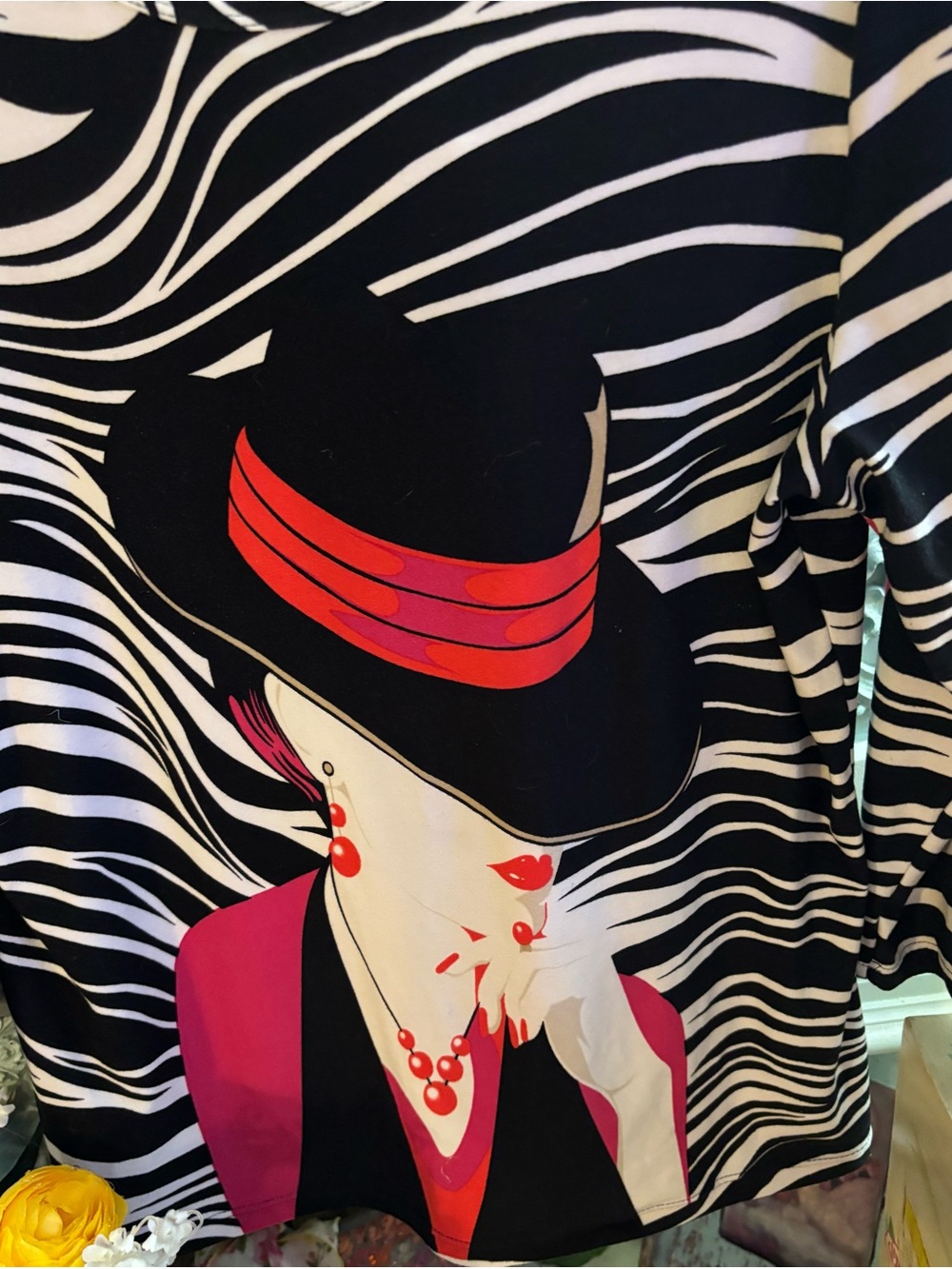 Women's Black & White Zebra Print Top with Pink Accent - Stylish Hat Motif - Picture 2 of 4